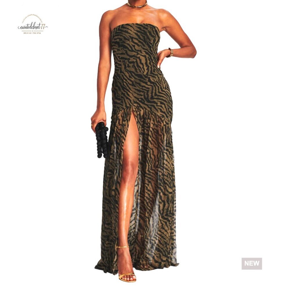 Strapless Maxi Dress Tiger Stripe Mesh Patchwork High Slit Party Clubwear